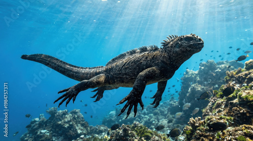A marine iguana swims gracefully through the blue ocean water