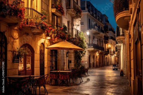 Charming evening scene on a european street with outdoor cafe seating under lights
