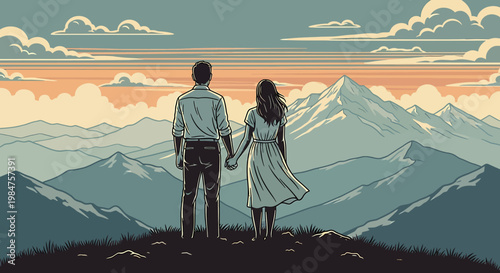 Couple Holding Hands Admiring Mountain Vista.