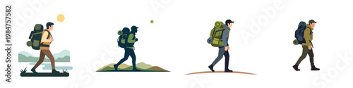 A minimalist flat vector illustration set of a backpacker hiking, with clean shapes, no outlines, isolated on a pure white background.