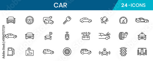 Car Thin Line Minimal Outline Vector Icon Set