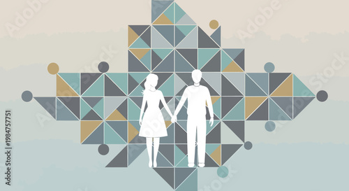 Couple Holding Hands Silhouette Against Geometric Pattern.