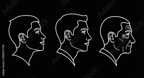 Three male profiles showing different stages of aging from youth to old age.