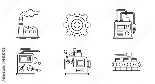 Industrial Factory Machines and Equipment Icons Set.
