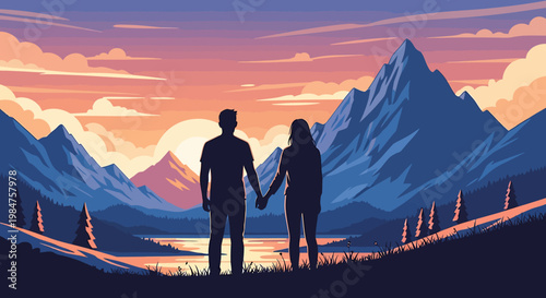 Couple holding hands, silhouetted against a vibrant sunset, symbolizing togetherness and love.