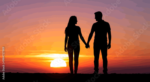 Couple holding hands silhouetted against a vibrant sunset sky.