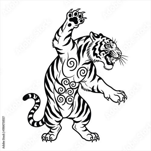 Stylized illustration of a tiger with swirling patterns standing aggressively