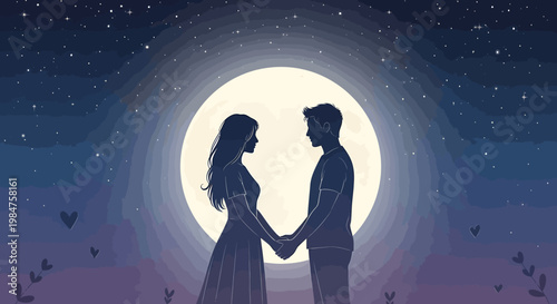 Couple Holding Hands Under The Moonlight.
