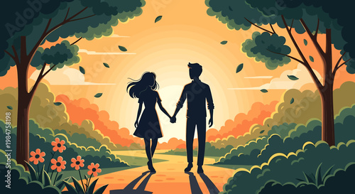 Couple holding hands walking in a park during sunset.
