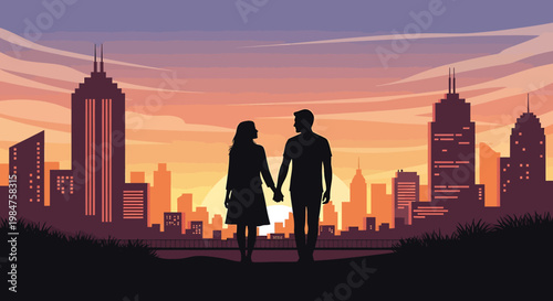 Couple holding hands watching city skyline at sunset.