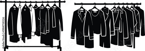 A clothing rack displays various garments in stark contrast creating a dramatic fashion display silhouette high quality professional.A clothing rack with rack vector illustration.