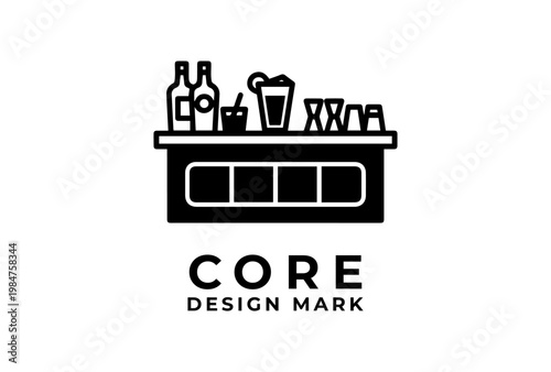 Black and white logo of a bar counter with bottles and glasses on top and the text 'CORE DESIGN MARK' below on a white background.