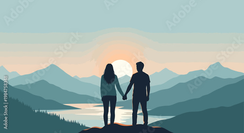 Couple holding hands watching sunset over mountain lake.