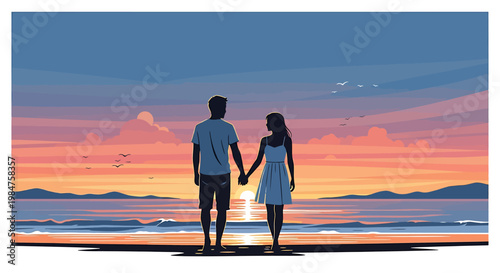 Couple Holding Hands Watching Sunset on Beach.