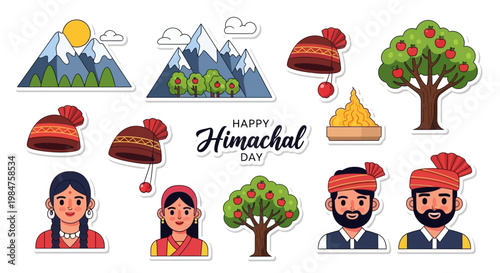 Festive Himachal Day illustrations showcasing the state's culture, featuring mountains, apple trees, and traditionally dressed people, presented in a colorful, cartoon-style vector design