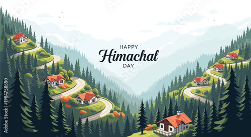 Scenic vector illustration celebrating Himachal Day, showcasing winding roads through lush green mountains and traditional houses with red roofs, evoking a sense of cultural heritage