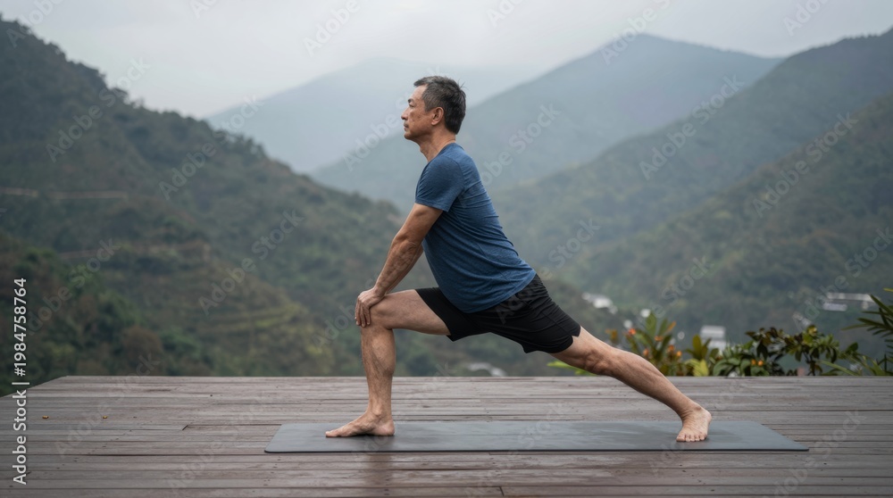 Fototapeta premium Peaceful outdoor yoga practice in mountains with serene backdrop