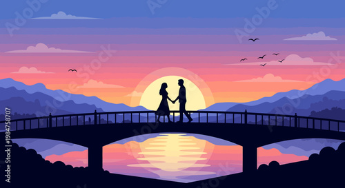 Romantic couple holding hands on a bridge at sunset.