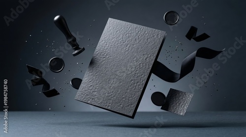 Elegant Charcoal Gray Textured Invitation Card Mockup with Wax Seal, Ribbon and Stamp in Dramatic Minimal Composition