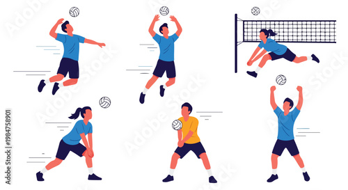A flat vector illustration of a person playing volleyball, jumping and setting the ball upward with dynamic motion, simplified forms, no outlines, isolated on a pure white background.