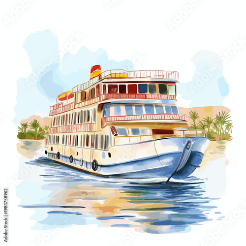Nile River Cruises. Nile River Cruises hand drawn watercolor illustration on white background