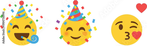 A vibrant collection of three yellow emojis expressing joy celebration and affection with colorful confetti and hearts