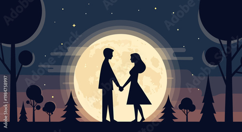 Silhouette Couple Holding Hands Under a Large Full Moon.