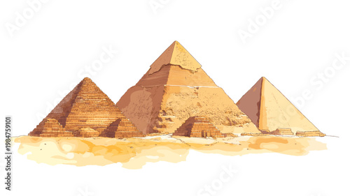 Pyramids of Giza. Pyramids of Giza hand drawn watercolor illustration on white background