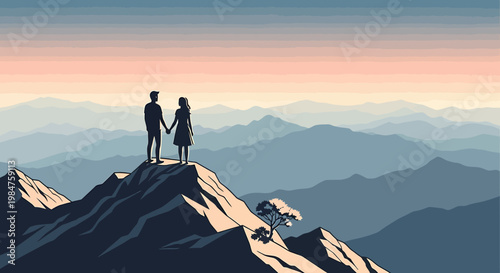 Silhouette of a couple holding hands on a mountain summit.