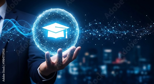 Man in suit holding glowing blue sphere with graduation cap hand