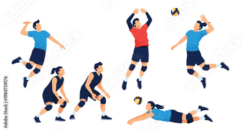 A flat vector illustration of a person playing volleyball, jumping and setting the ball upward with dynamic motion, simplified forms, no outlines, isolated on a pure white background.