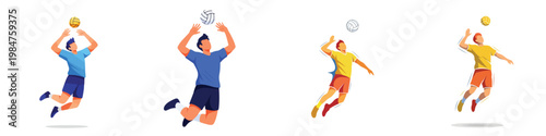 Dynamic illustrations of male volleyball players in mid-air during a game, showcasing athletic movements and action