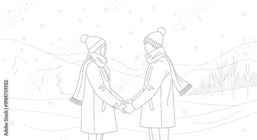 Two people holding hands in winter attire during a snowfall.