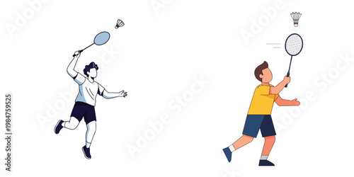 Illustration of two men playing badminton, one serving and the other returning the shuttlecock