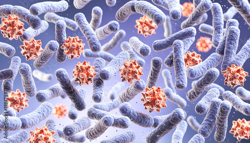 Concept of healthy gut microbiome with probiotics neutralizing pathogens or bad bacteria 3d illustration.