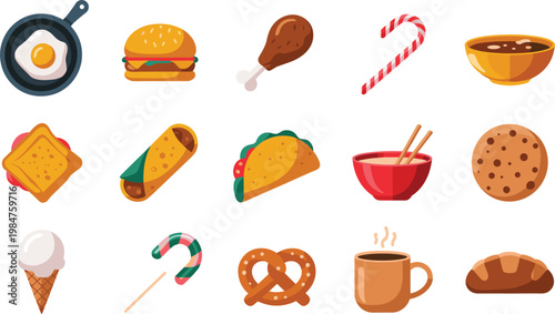 Cartoon Food Icon Set with Breakfast Snacks and Fast Food Items Including Burger Fried Egg Chicken Taco Soup Dessert and Beverage Collection