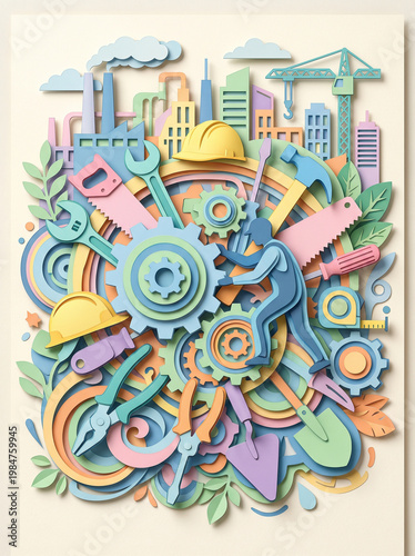 Construction Worker Paper Cut Illustration with Building Tools