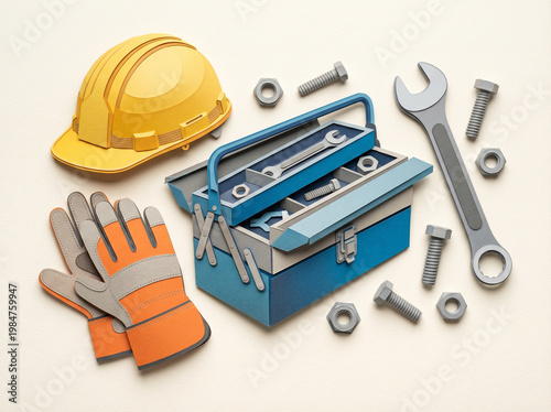 Hard hat toolbox gloves and hardware still life