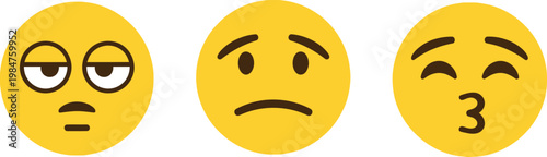 Three yellow emoji faces displaying different emotions tiredness sadness and blowing a kiss