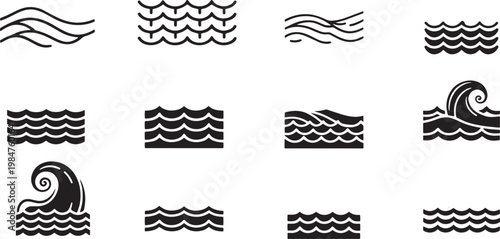 A black and white graphic set depicting various wave patterns. The design features a series of stylized wave icons, ranging from simple lines to more complex, rolling waves.