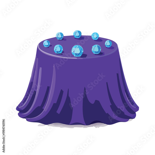 Elegant blue table with sparkling gemstones on a clean white background