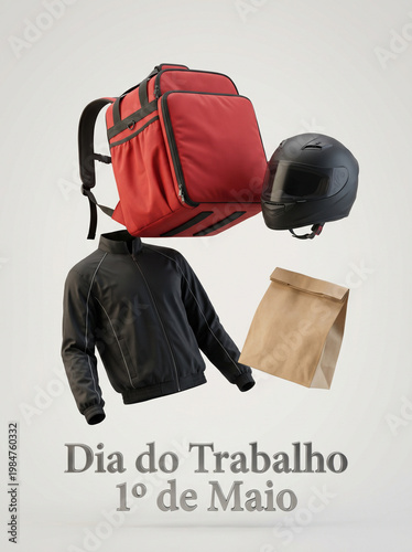 Delivery gear jacket safety helmet and paper bag