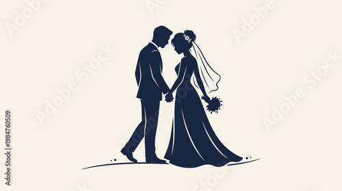 Silhouette of bride and groom walking.