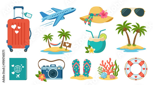 Travel vacation summer holiday icons.
