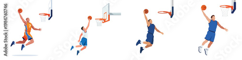 Dynamic Basketball Players Executing Powerful Dunks on White Background - Sports Action Illustration
