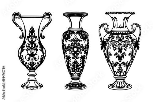 Vase set with black line art on white background featuring ornate silver vase, line art, illustration with minimalist and decorative