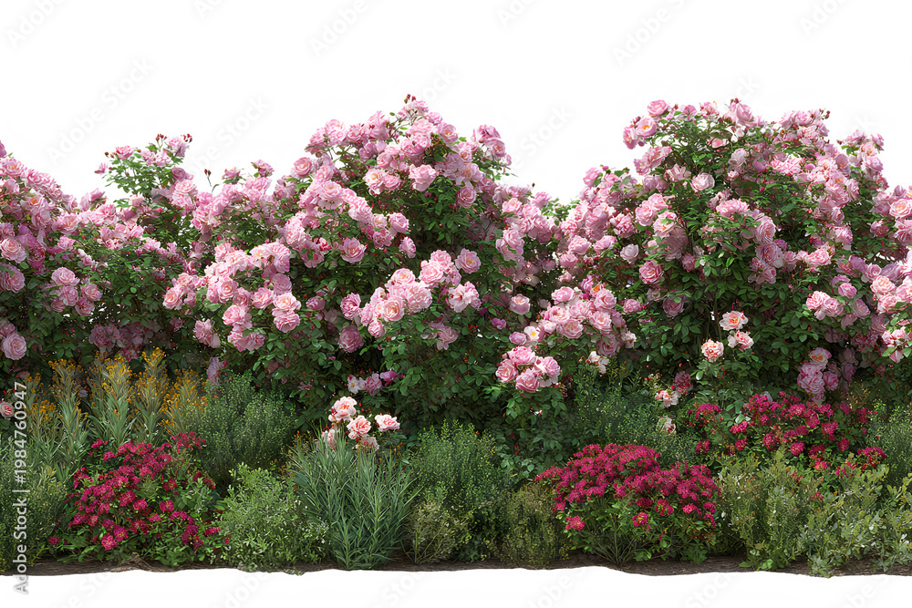 Obraz premium A vibrant garden scene featuring a variety of colorful flowers and lush greenery in full bloom against a Transparent background PNG.