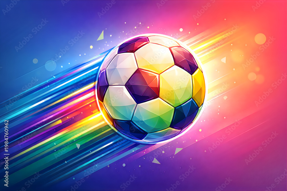 Naklejka premium Soccer ball with vibrant rainbow colors and dynamic motion