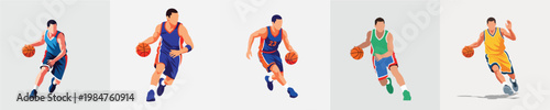 Illustrations of basketball players dribbling and playing the game on a plain background