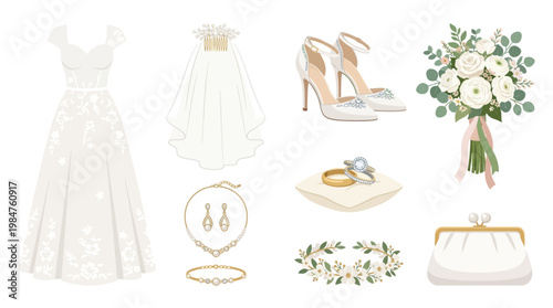 Wedding dress and accessories on display.